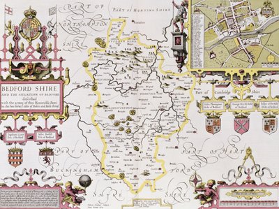 Bedfordshire en de ligging van Bedford, gegraveerd door Jodocus Hondius (1563-1612) uit John Speed